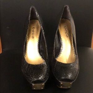 Bebe Black Snake Skin Platform heels